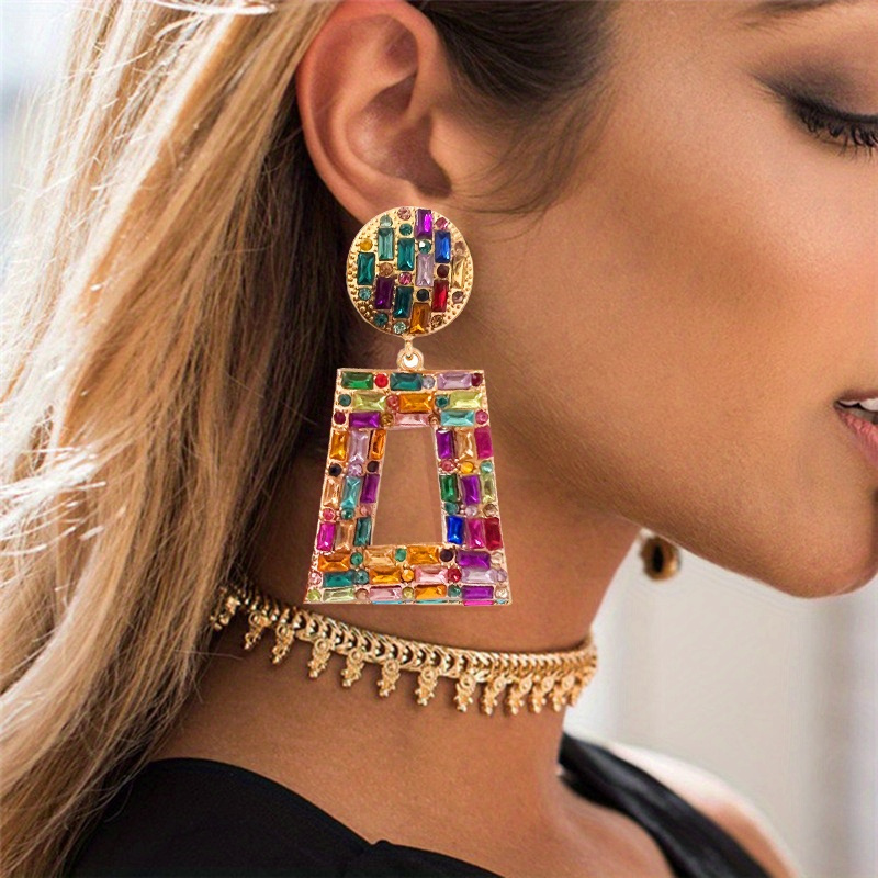 Vintage Geometric Rhinestone Drop Earrings - Non Feather